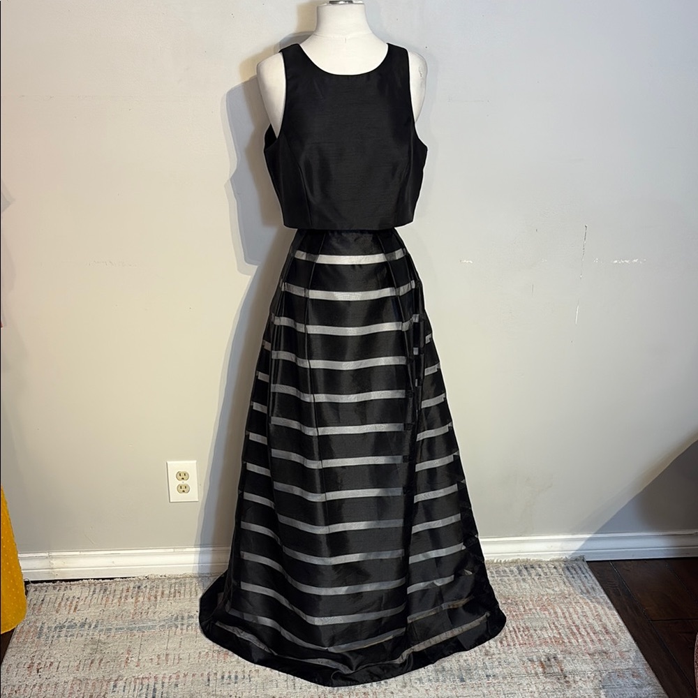 Xscape Black and Silver Striped Prom Dress